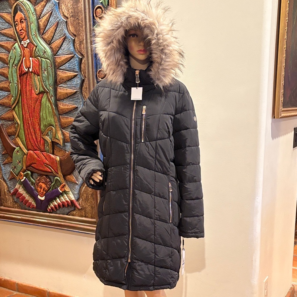 NWT Calvin Klein Women's XL Black Quilted Hooded Puffer Coat with Faux Fur Trim